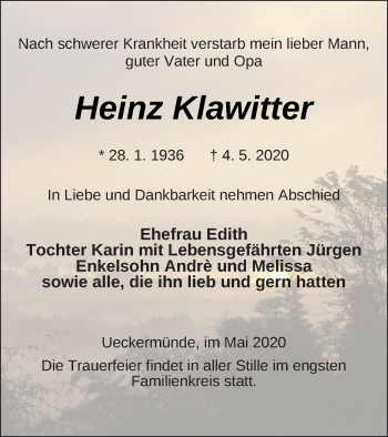 Traueranzeige von Heinz Klawitter von Haff-Zeitung