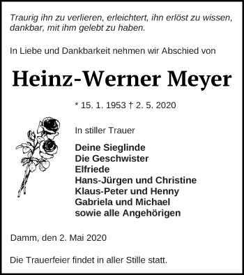 Traueranzeige von Heinz-Werner Meyer von Mecklenburger Schweiz