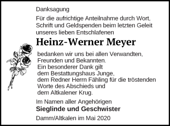 Traueranzeige von Heinz-Werner Meyer von Mecklenburger Schweiz