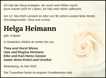 Traueranzeige von Helga Heimann von Haff-Zeitung