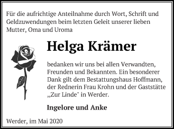 Traueranzeige von Helga Krämer von Neubrandenburger Zeitung