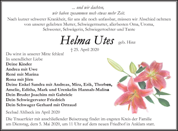 Traueranzeige von Helma Utes von Vorpommern Kurier