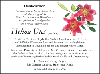 Traueranzeige von Helma Utes von Vorpommern Kurier