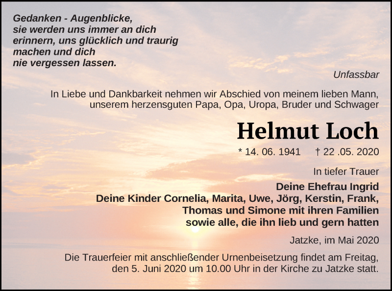  Traueranzeige für Helmut Loch vom 29.05.2020 aus Neubrandenburger Zeitung