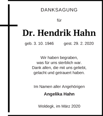 Traueranzeige von Hendrik Hahn von Strelitzer Zeitung