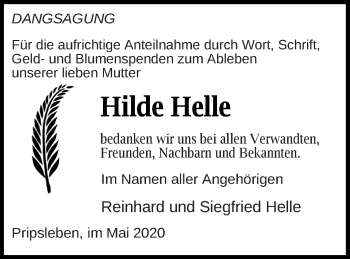 Traueranzeige von Hilde Helle von Neubrandenburger Zeitung