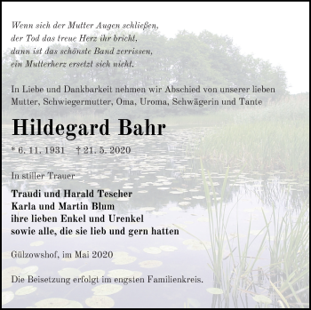 Traueranzeige von Hildegard Bahr von Vorpommern Kurier