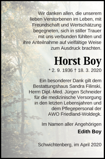 Traueranzeige von Horst Boy von Neubrandenburger Zeitung