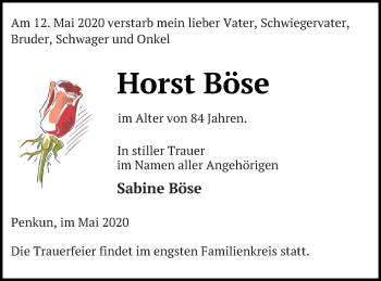 Traueranzeige von Horst Böse von Pasewalker Zeitung