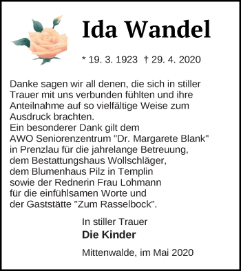 Traueranzeige von Ida Wandel von Prenzlauer Zeitung