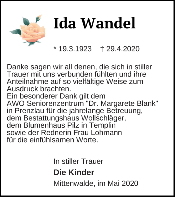 Traueranzeige von Ida Wandel von Prenzlauer Zeitung