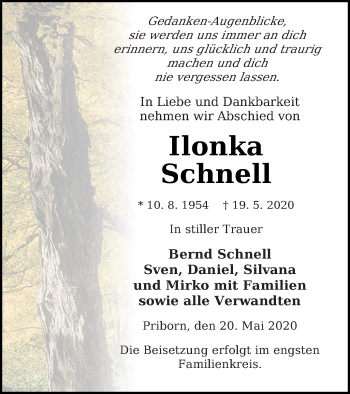 Traueranzeige von Ilonka Schnell von Müritz-Zeitung