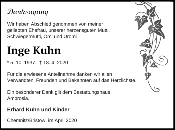 Traueranzeige von Inge Kuhn von Mecklenburger Schweiz