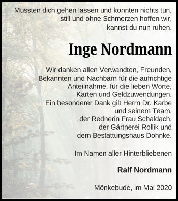 Traueranzeige von Inge Nordmann von Haff-Zeitung