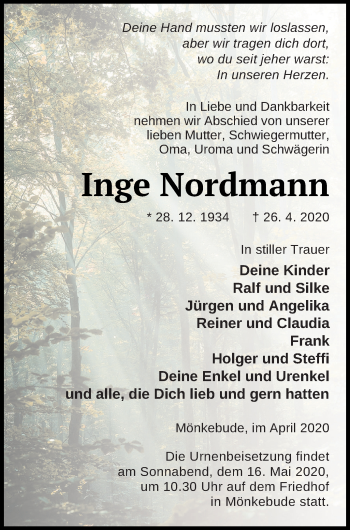 Traueranzeige von Inge Nordmann von Haff-Zeitung