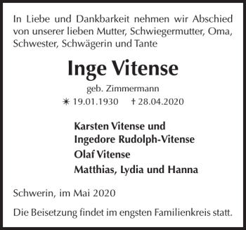 Traueranzeige von Inge Vitense von Zeitung für die Landeshauptstadt