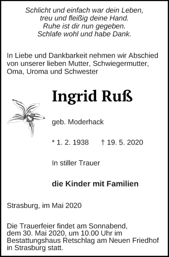 Traueranzeige von Ingrid Ruß von Pasewalker Zeitung