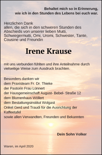 Traueranzeige von Irene Krause von Müritz-Zeitung