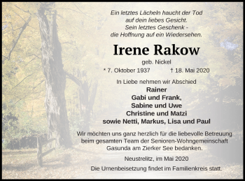 Traueranzeige von Irene Rakow von Strelitzer Zeitung