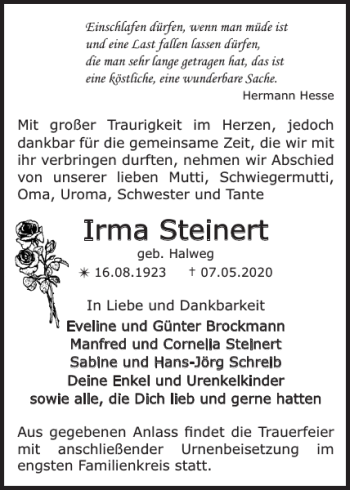 Traueranzeige von Irma Steinert von Der Prignitzer