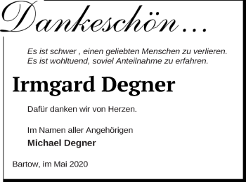 Traueranzeige von Irmgard Degner von Neubrandenburger Zeitung