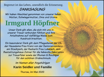 Traueranzeige von Irmgard Höpfner von Vorpommern Kurier