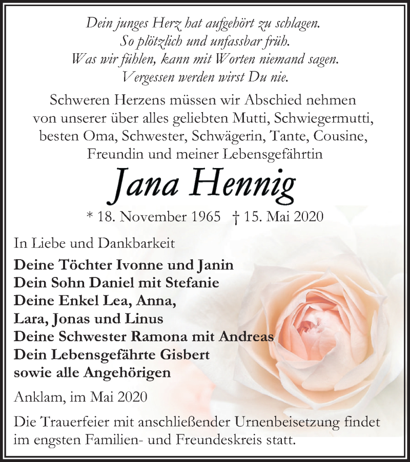  Traueranzeige für Jana Hennig vom 23.05.2020 aus Vorpommern Kurier