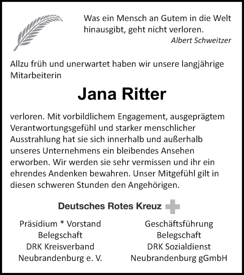  Traueranzeige für Jana Ritter vom 16.05.2020 aus Neubrandenburger Zeitung