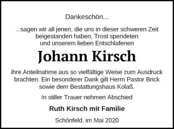 Traueranzeige von Johann Kirsch von Demminer Zeitung