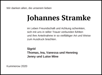 Traueranzeige von Johannes Stramke von Mecklenburger Schweiz