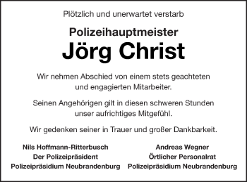 Traueranzeige von Jörg Christ von Neubrandenburger Zeitung