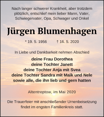 Traueranzeige von Jürgen Blumenhagen von Neubrandenburger Zeitung