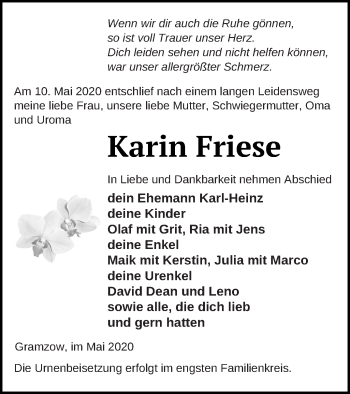 Traueranzeige von Karin Friese von Prenzlauer Zeitung