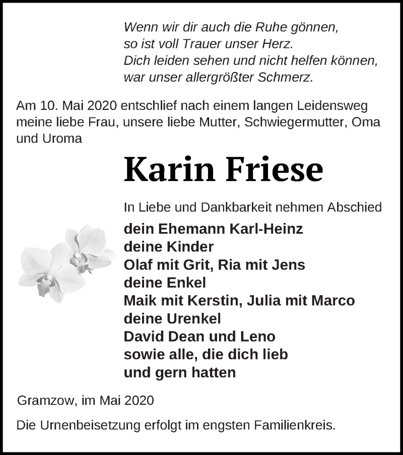  Traueranzeige für Karin Friese vom 15.05.2020 aus Prenzlauer Zeitung