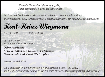 Traueranzeige von Karl-Heinz Wiegmann von Müritz-Zeitung