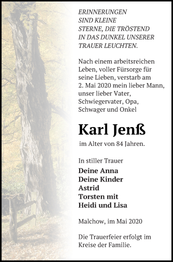 Traueranzeige von Karl Jenß von Müritz-Zeitung