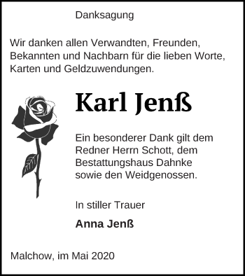 Traueranzeige von Karl Jenß von Müritz-Zeitung