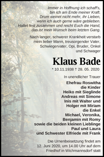 Traueranzeige von Klaus Bade von Templiner Zeitung