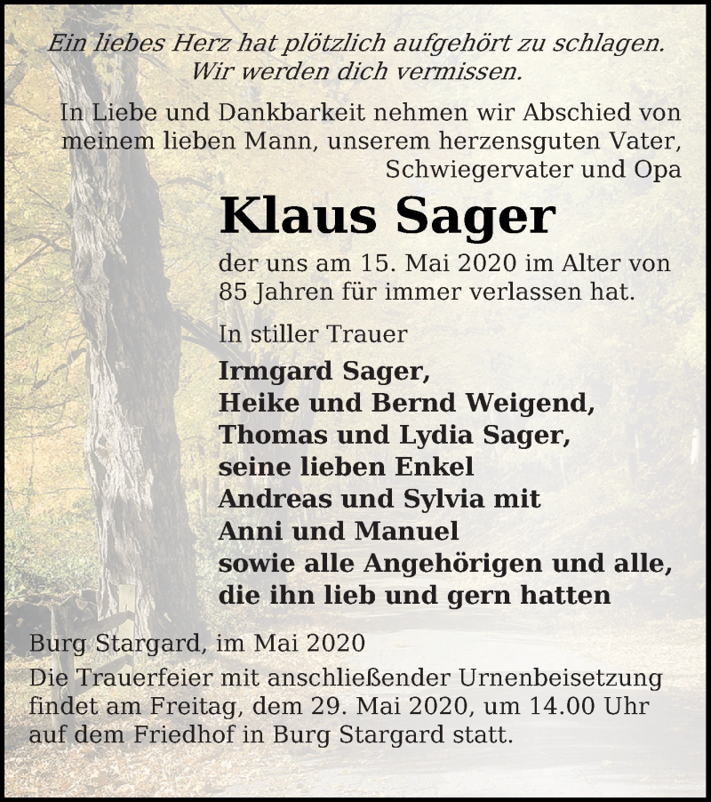  Traueranzeige für Klaus Sager vom 22.05.2020 aus Neubrandenburger Zeitung