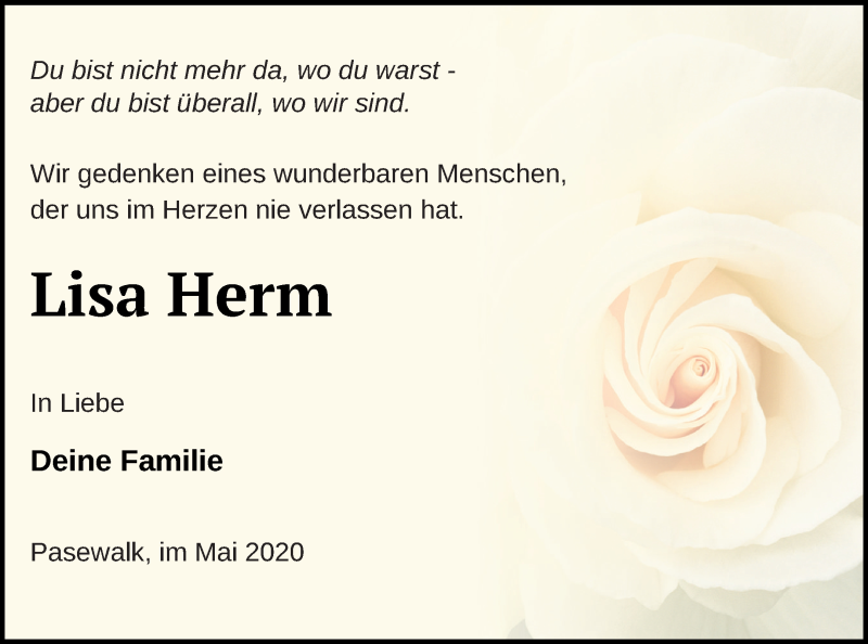  Traueranzeige für Lisa Herm vom 07.05.2020 aus Pasewalker Zeitung