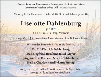 Traueranzeige von Liselotte Dahlenburg von Anzeiger für Sternberg - Brüel - Warin