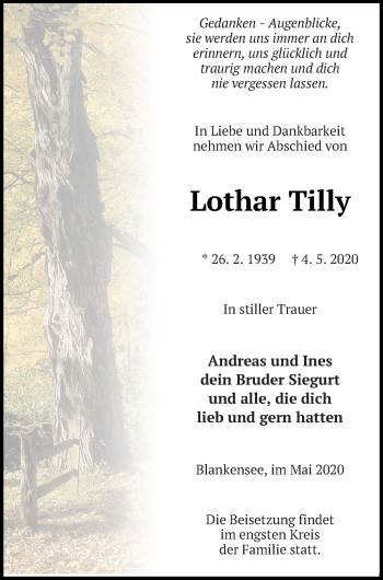 Traueranzeige von Lothar Tilly von Strelitzer Zeitung