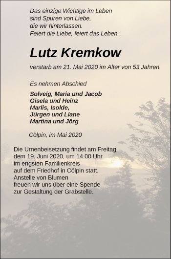 Traueranzeige von Lutz Kremkow von Neubrandenburger Zeitung