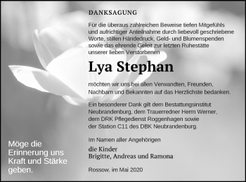 Traueranzeige von Lya Stephan von Neubrandenburger Zeitung