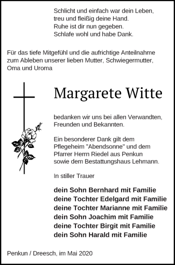 Traueranzeige von Margarete Witte von Prenzlauer Zeitung