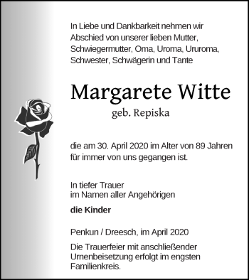 Traueranzeige von Margarete Witte von Prenzlauer Zeitung