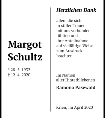 Traueranzeige von Margot Schultz von Vorpommern Kurier