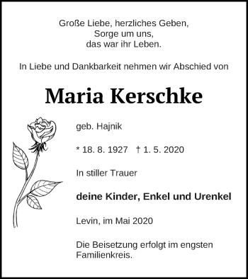 Traueranzeige von Maria Kerschke von Mecklenburger Schweiz