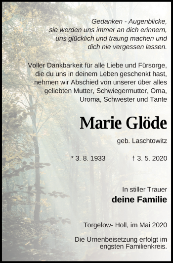 Traueranzeige von Marie Glöde von Haff-Zeitung