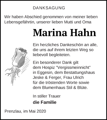 Traueranzeige von Marina Hahn von Prenzlauer Zeitung